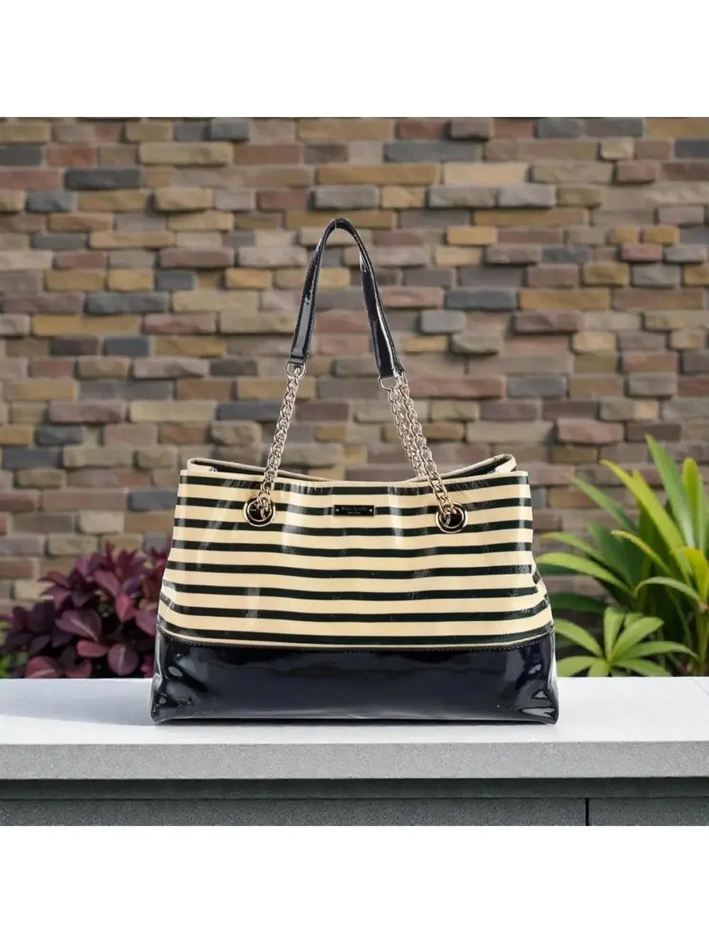 Kate Spade Black and White Striped Patent Leather Tote Bag
